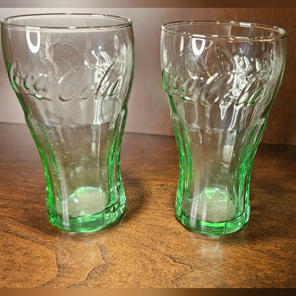 《2》Libbey Coca Cola/Coke [5 oz] Glasses Green Tint  4.5" Tall Vintage